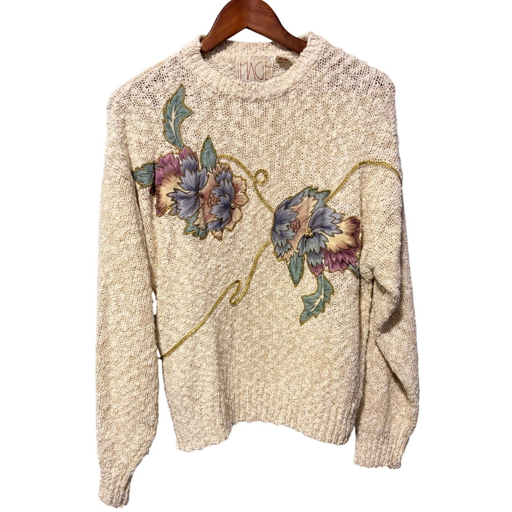 Vintage Image Cream Boucle Knit Floral Applique Sweater Gold Trim Korea XL